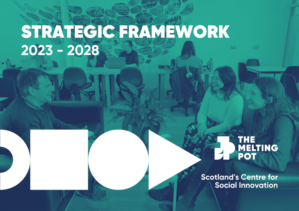 Front page of strategic framework document. People chatting at sofas in coworking space.